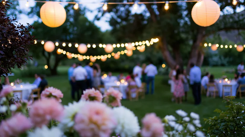 Guests mingling at outdoor garden reception at dusk with string lights and flowers in foreground