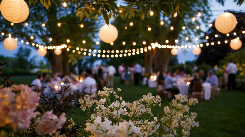 Guests mingling at outdoor garden wedding reception at dusk under string lights and lanterns
