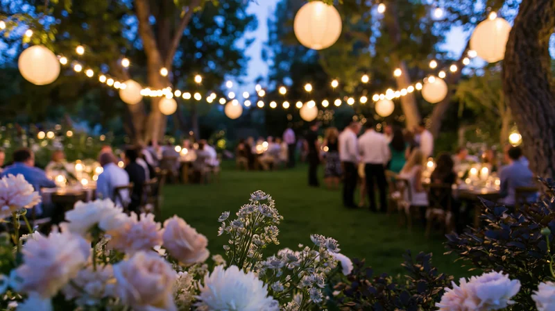 Guests mingling at outdoor garden reception at dusk with string lights and floral arrangements