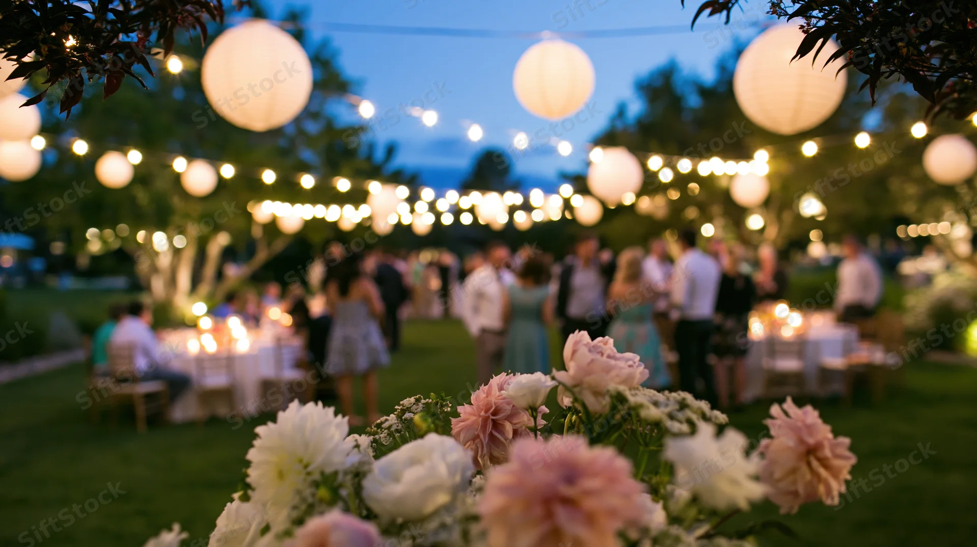 Wedding reception guests mingling in garden at dusk with floral arrangements and string lights