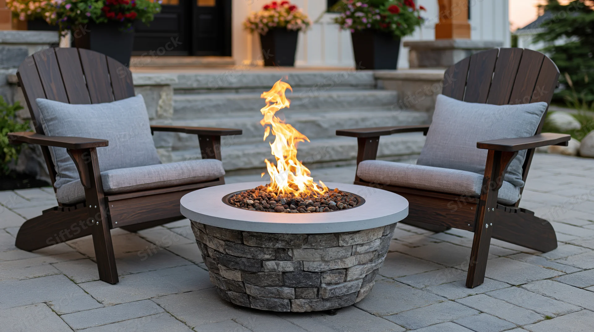 Gas firepit with active flame between two adirondack chairs on a stone patio at twilight