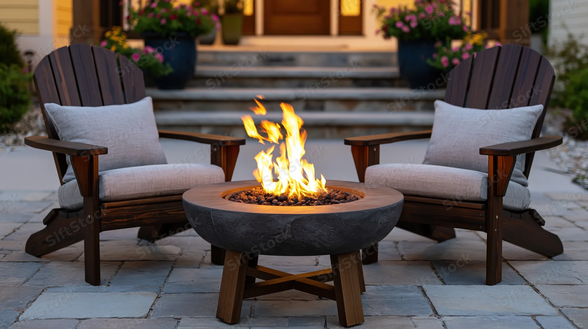 Gas firepit burning between two adirondack chairs on a stone patio at twilight