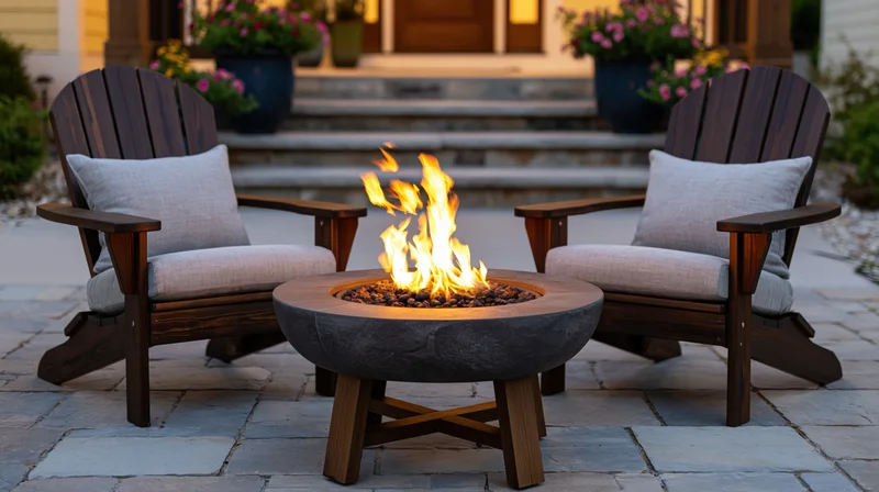 Gas firepit burning between two adirondack chairs on a stone patio at twilight