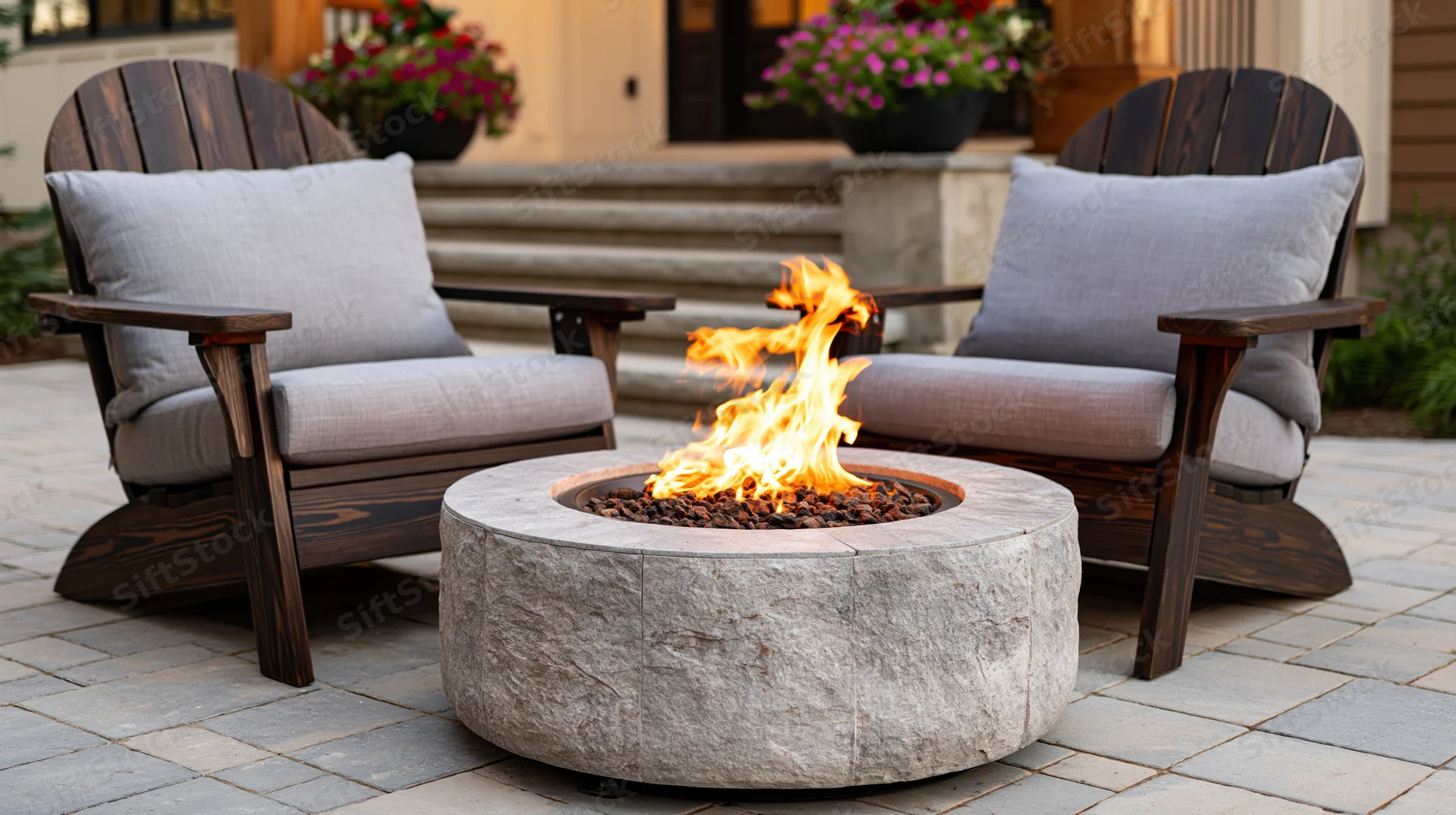 Gas firepit with active flame between two adirondack chairs on a stone patio