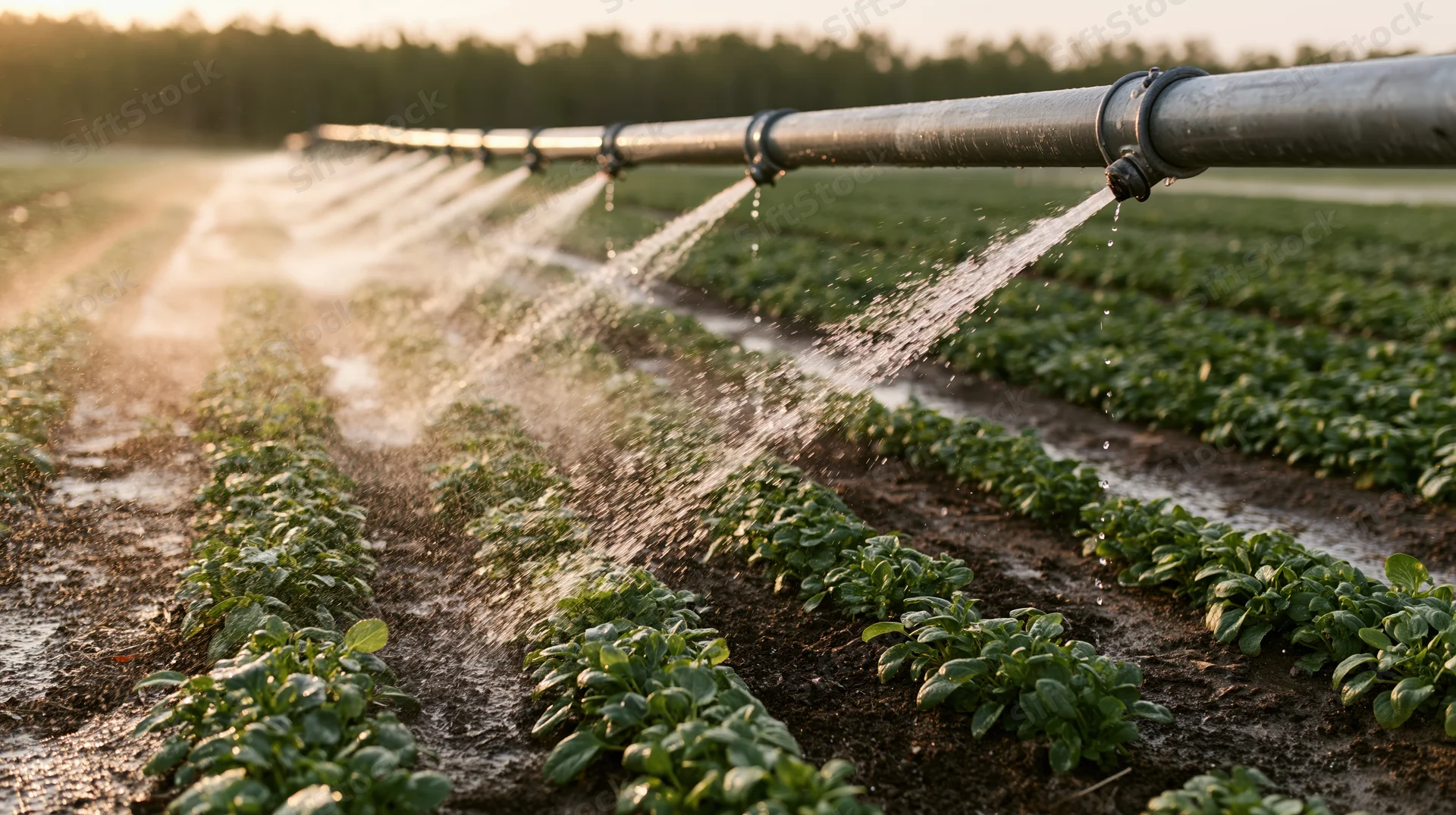 Overhead irrigation pipe spraying water over rows of young green crops in a farm field at sunrise