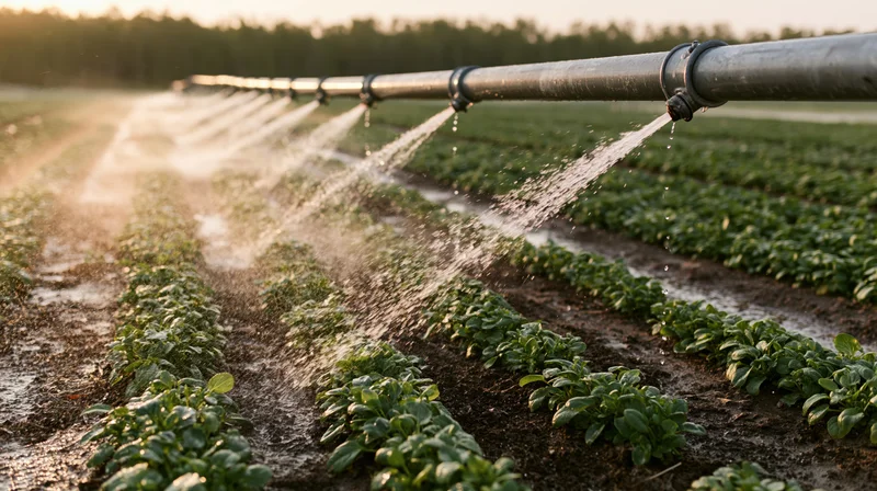 Overhead irrigation pipe spraying water over rows of young green crops in a farm field at sunrise