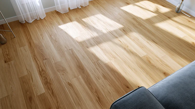 Overhead view of light oak hardwood floor in a modern living room with sunlight and shadows from a window