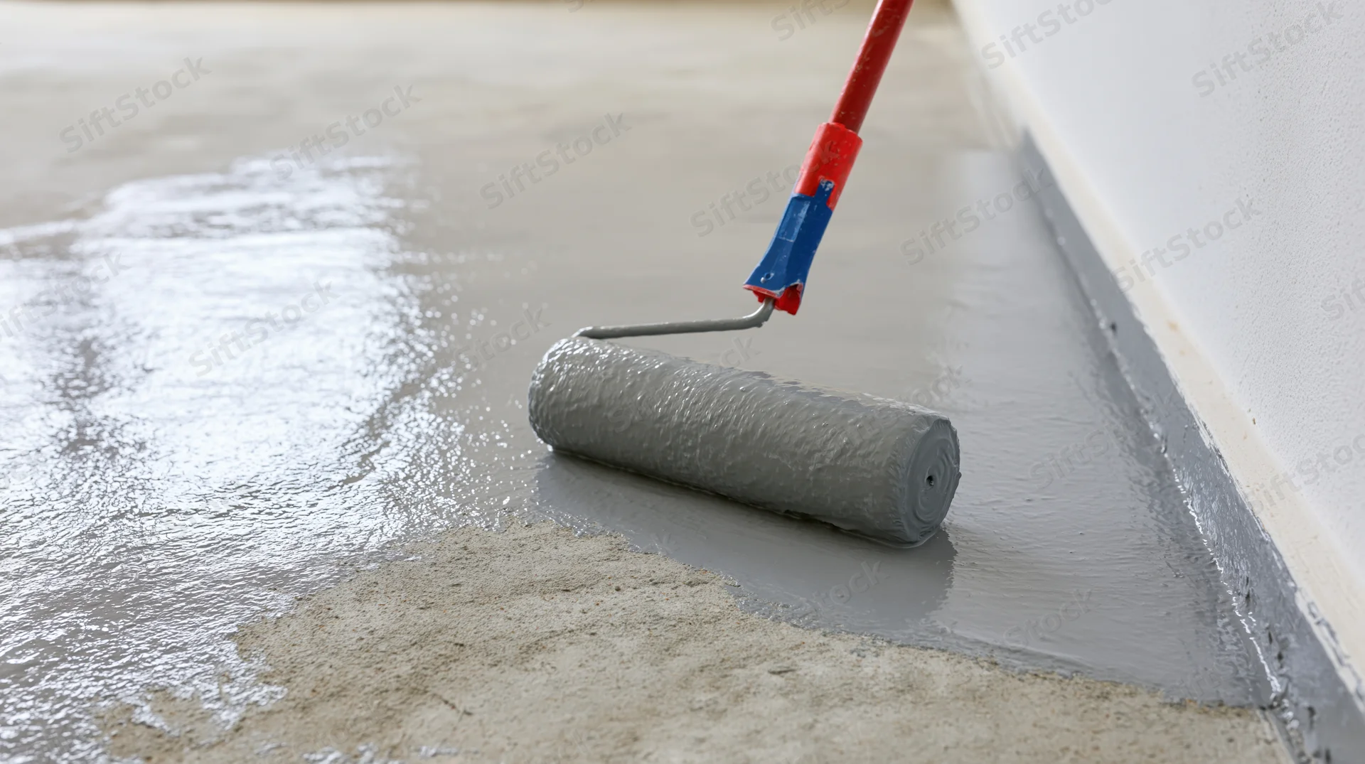 Paint roller applying gray epoxy coating to concrete floor during renovation