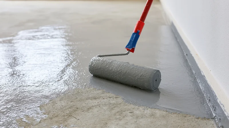 Paint roller applying gray epoxy coating to concrete floor during renovation