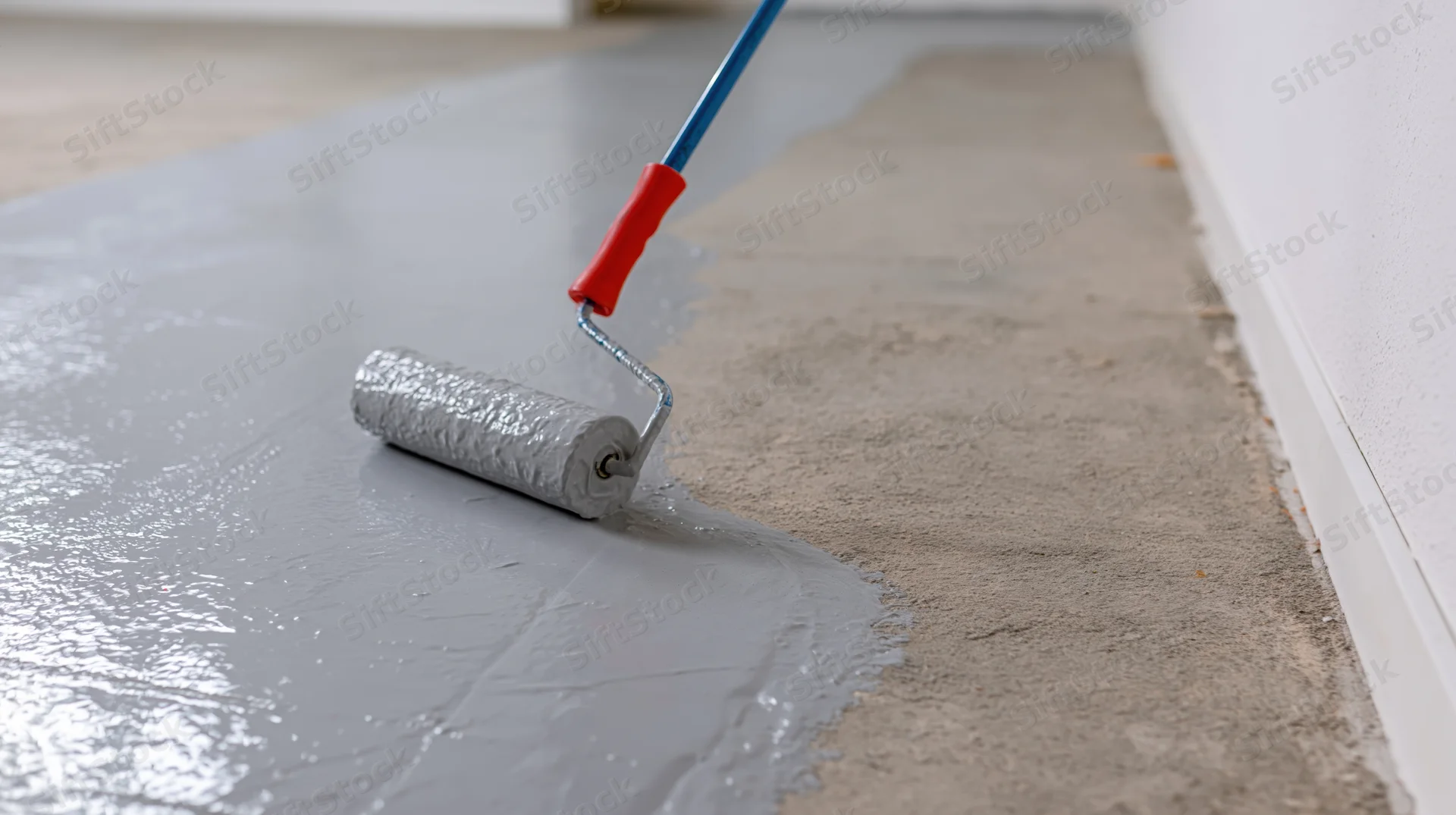 Paint roller applying gray epoxy coating to concrete floor in interior room