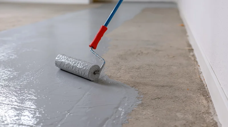 Paint roller applying gray epoxy coating to concrete floor in interior room