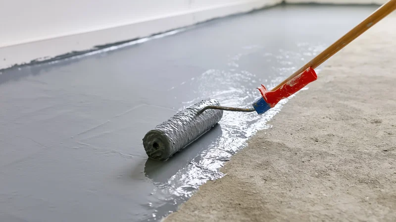 Paint roller applying gray epoxy coating to concrete floor