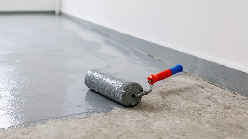 Paint roller with red and blue handle applying gray epoxy coating to concrete floor