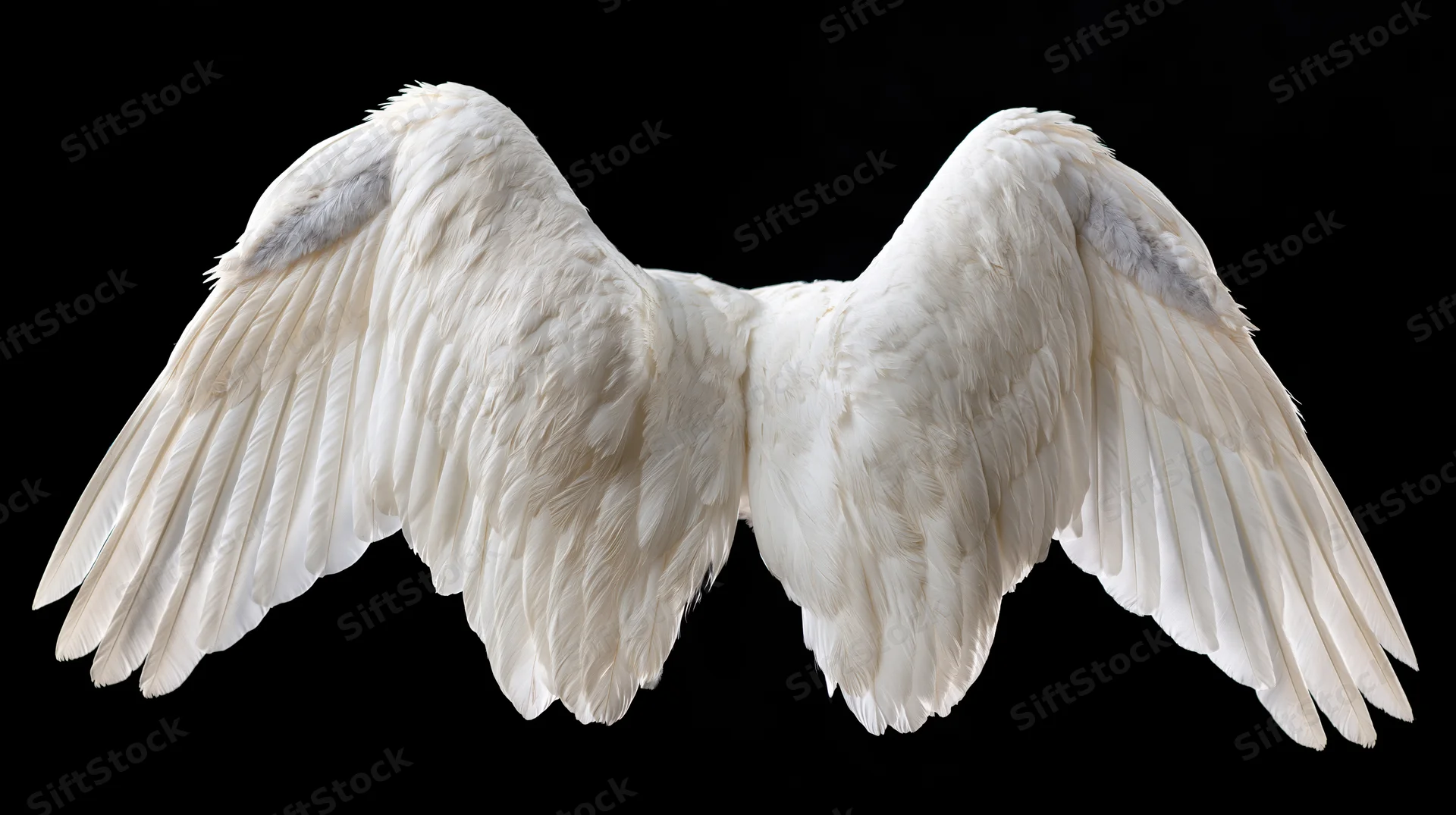 Pair of large white bird wings spread open symmetrically against black background