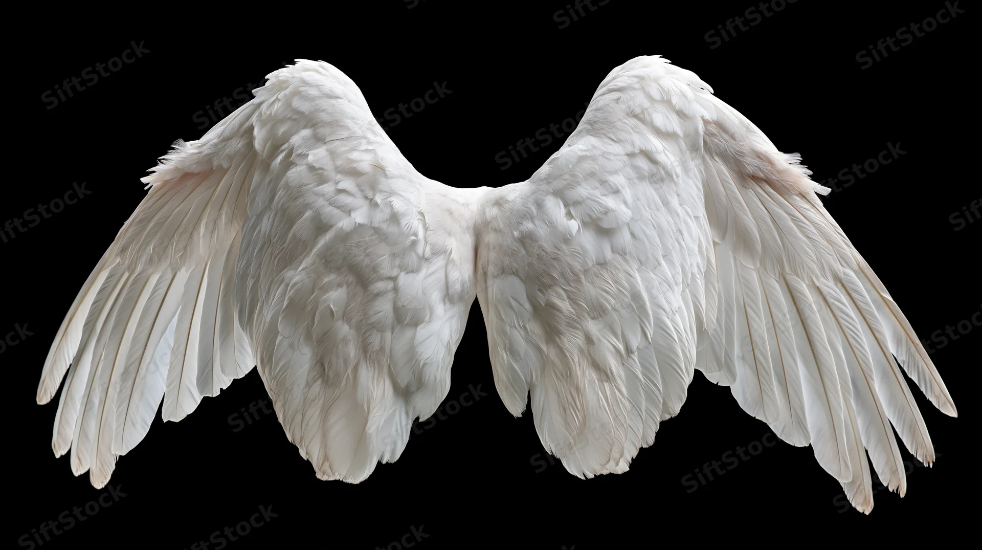 Pair of large white bird wings spread open symmetrically against black background