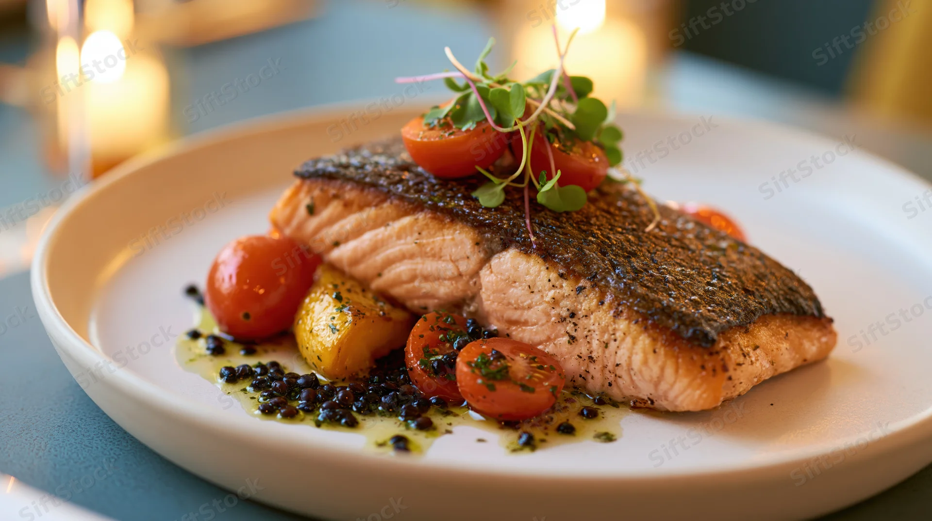 Pan-seared salmon fillet with crispy skin and cherry tomatoes on a white plate