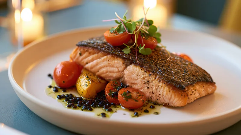 Pan-seared salmon fillet with crispy skin and cherry tomatoes on a white plate