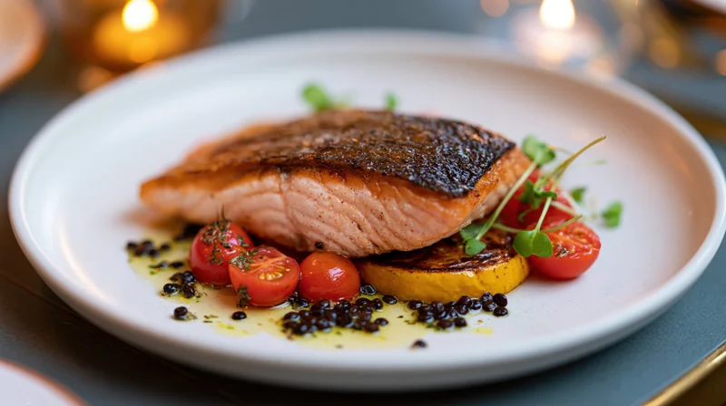 Pan-seared salmon fillet with crispy skin on a white plate garnished with cherry tomatoes and microgreens at a dinner table with candles