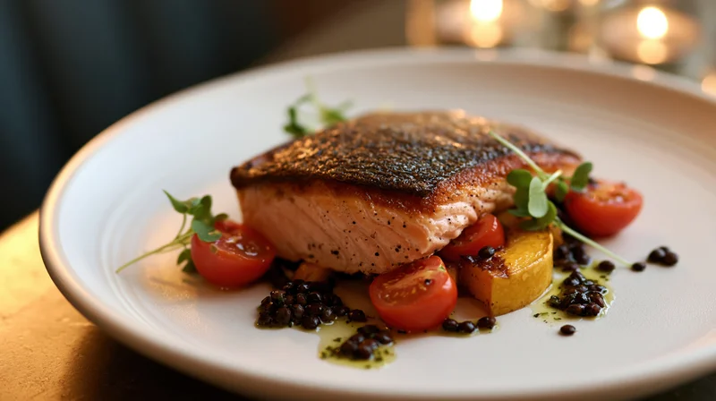 Pan-seared salmon fillet with crispy skin on a white plate garnished with cherry tomatoes, squash, microgreens, and caper sauce