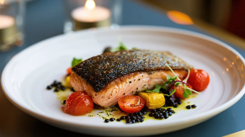 Pan-seared salmon fillet with crispy skin served on a white plate with cherry tomatoes and capers in a restaurant setting