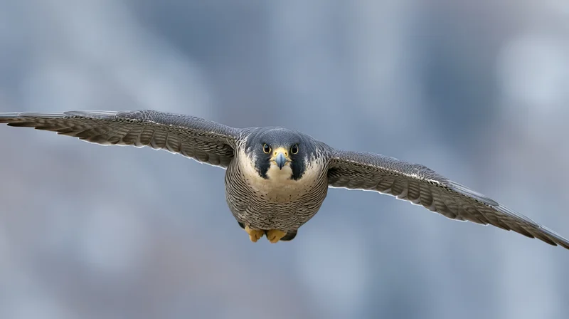 Peregrine falcon hovering mid-flight with wings fully spread against blurred sky background