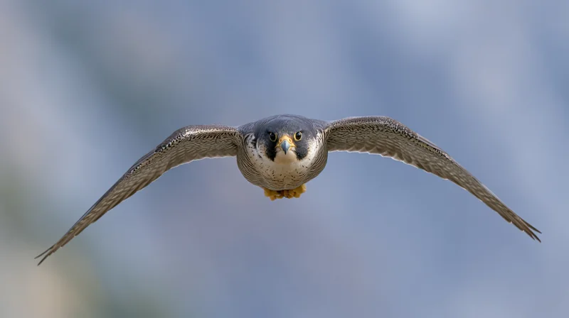 Peregrine falcon hovering mid-flight with wings fully spread against a blue sky background