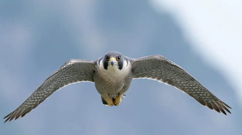 Peregrine falcon hovering mid-flight with wings fully spread against a blue sky