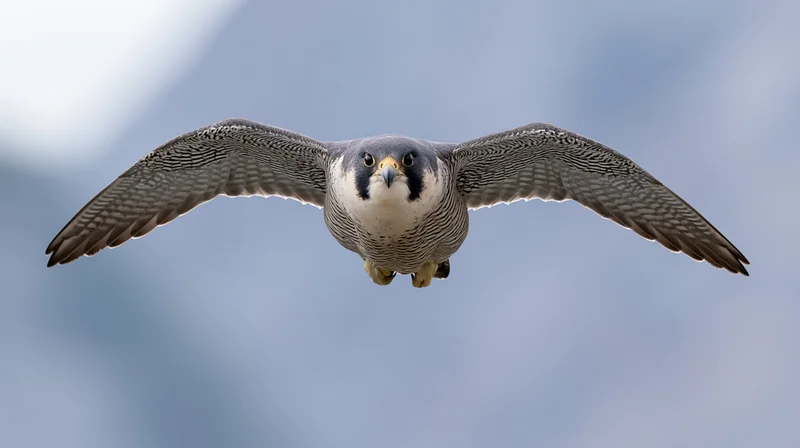 Peregrine falcon hovering mid-flight with wings fully spread against a blue sky