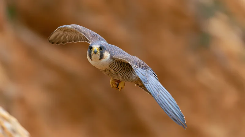 Peregrine falcon in mid-flight with wings fully spread and head turned toward camera against rocky background