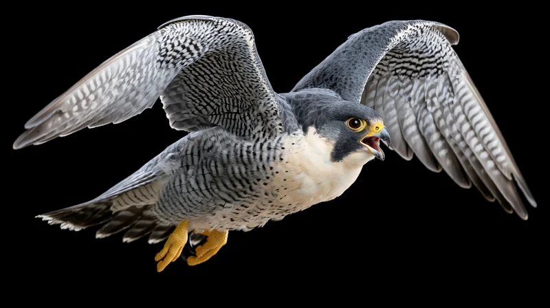 Peregrine falcon in mid-flight with wings fully spread against black background