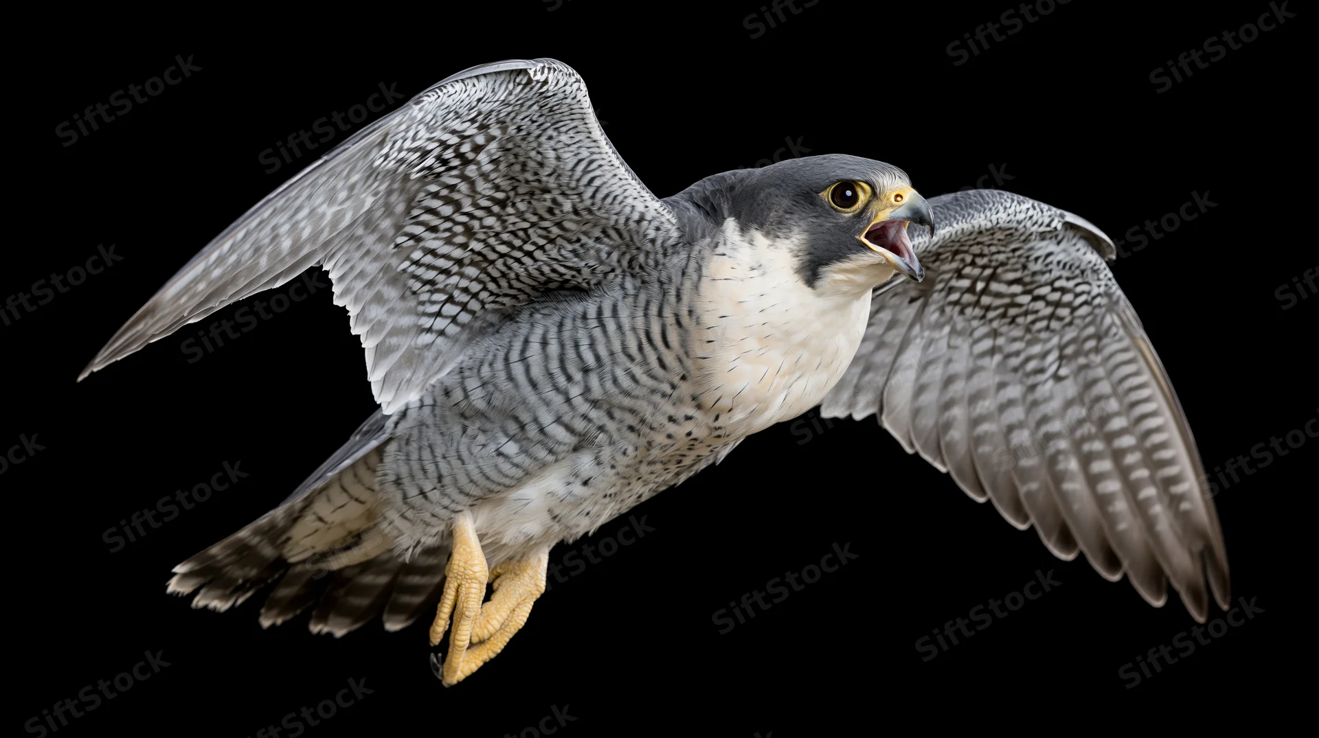 Peregrine falcon in mid-flight with wings fully spread against black background