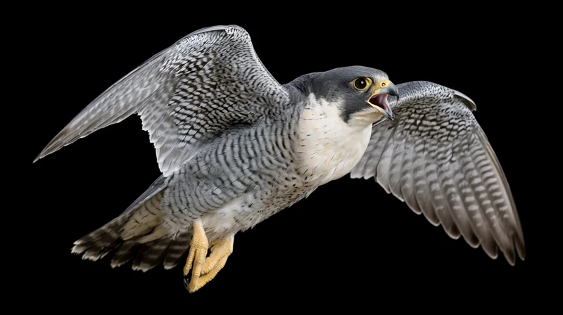 Peregrine falcon in mid-flight with wings fully spread against black background