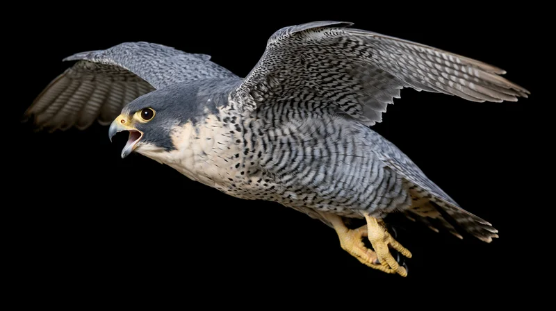 Peregrine falcon in midflight with wings fully spread against black background
