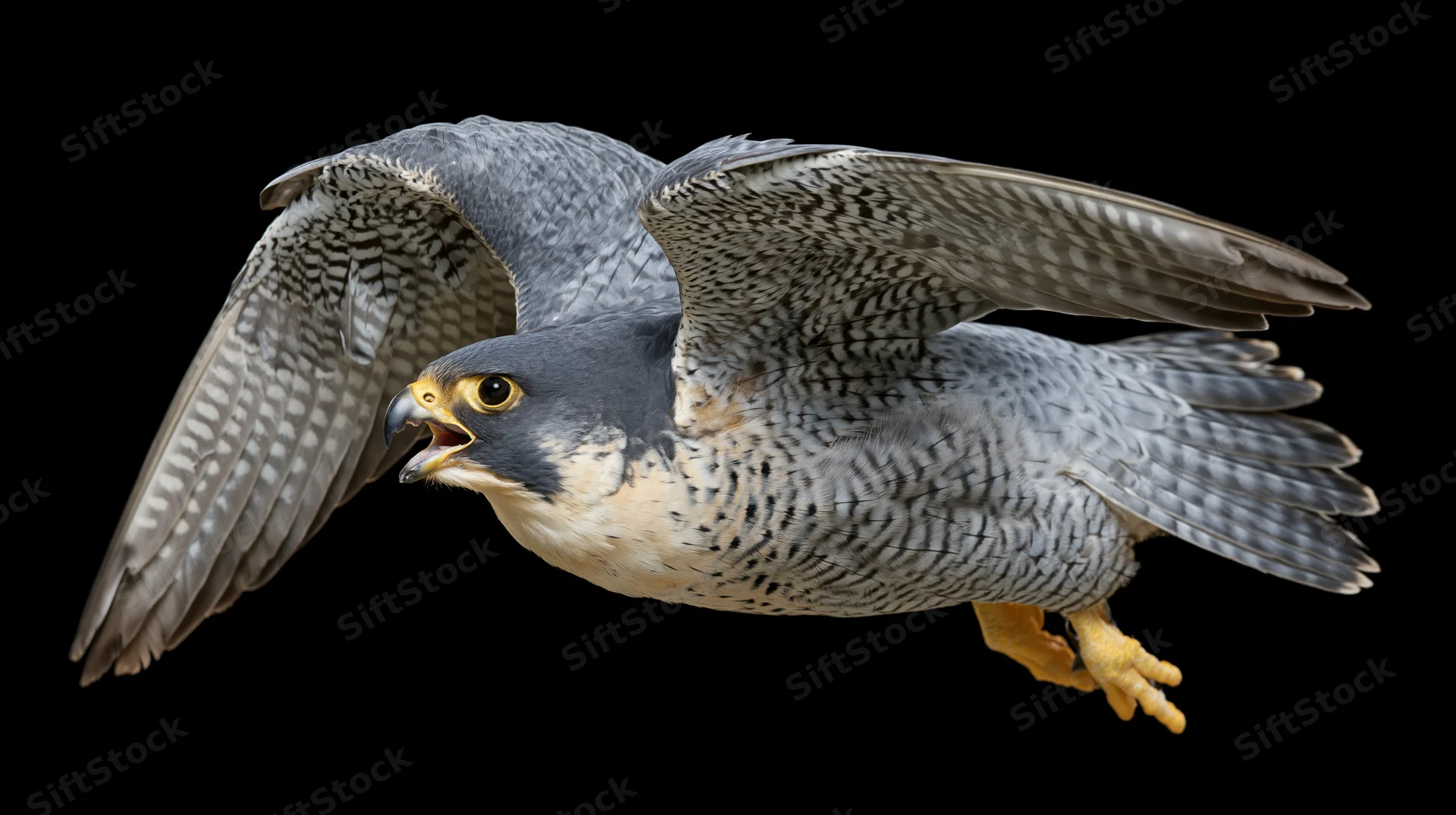 Peregrine falcon in mid-flight with wings fully spread against black background