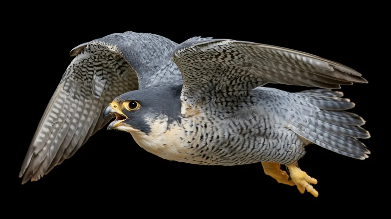 Peregrine falcon in mid-flight with wings fully spread against black background