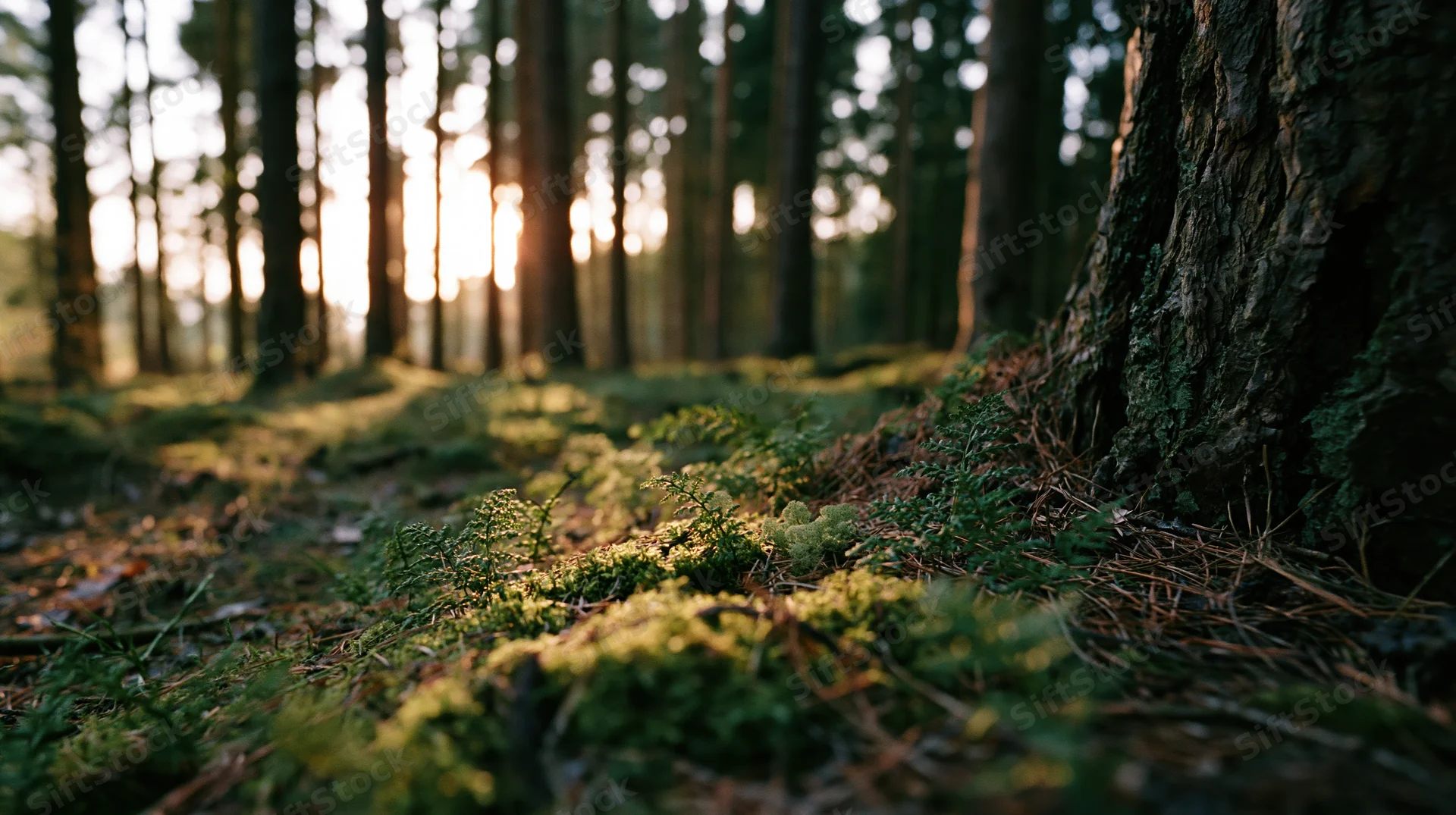 Moss and ferns growing on forest floor beside a pine tree trunk with sunlight filtering through trees