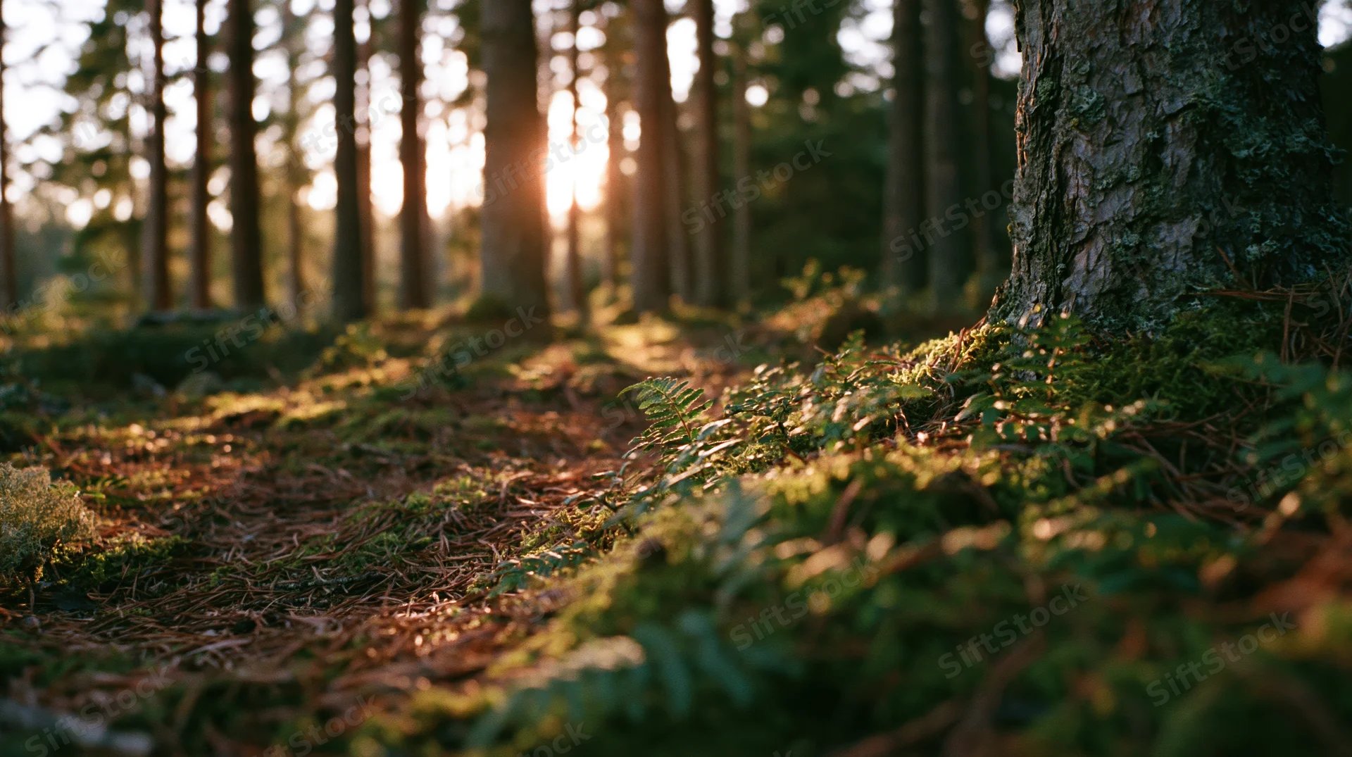 Sunlight filtering through pine trees onto mossy forest floor with ferns and fallen needles