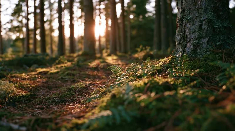 Sunlight filtering through pine trees onto mossy forest floor with ferns and fallen needles