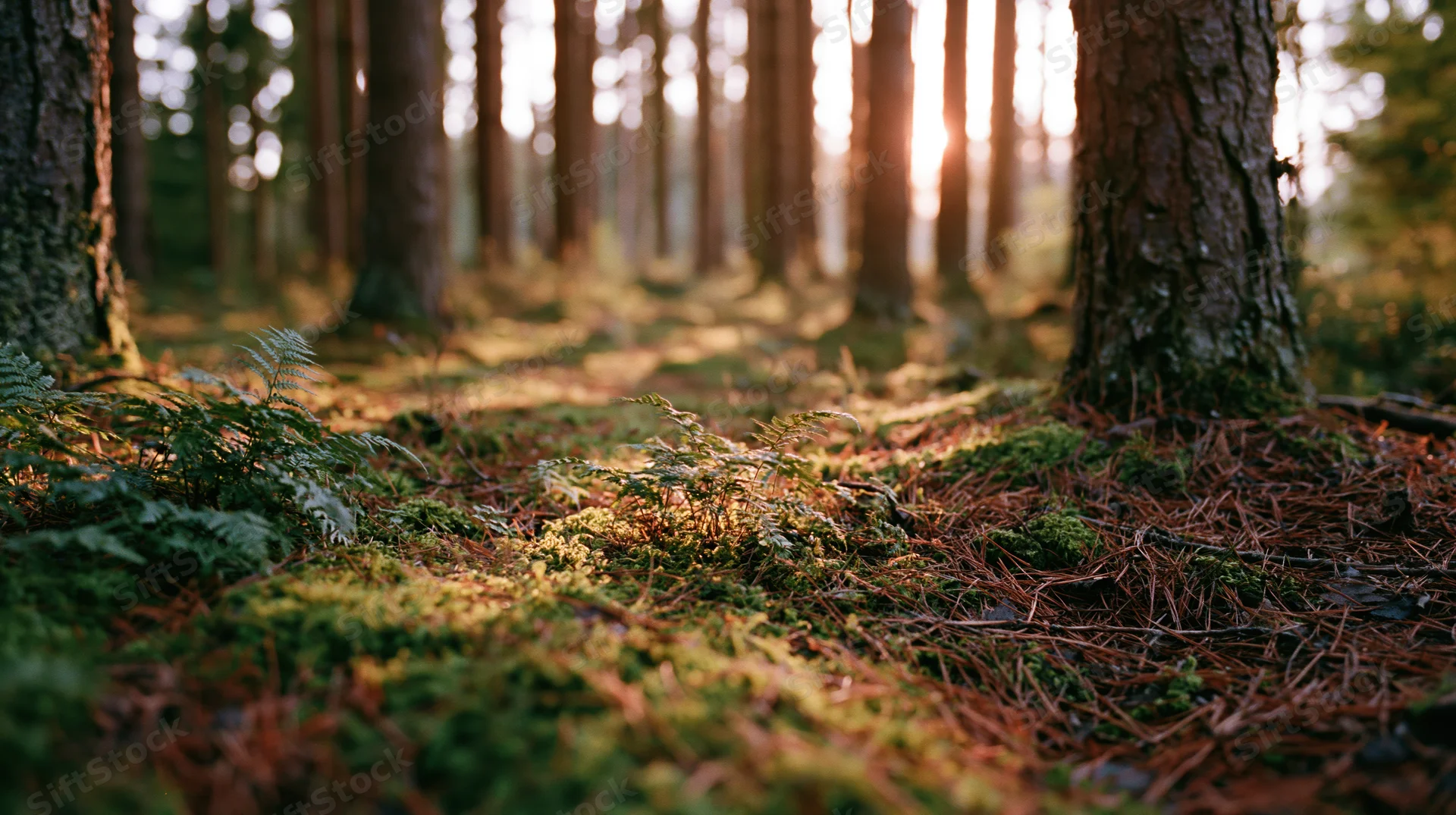 Pine forest floor covered in moss and small ferns with sunlight filtering through trees