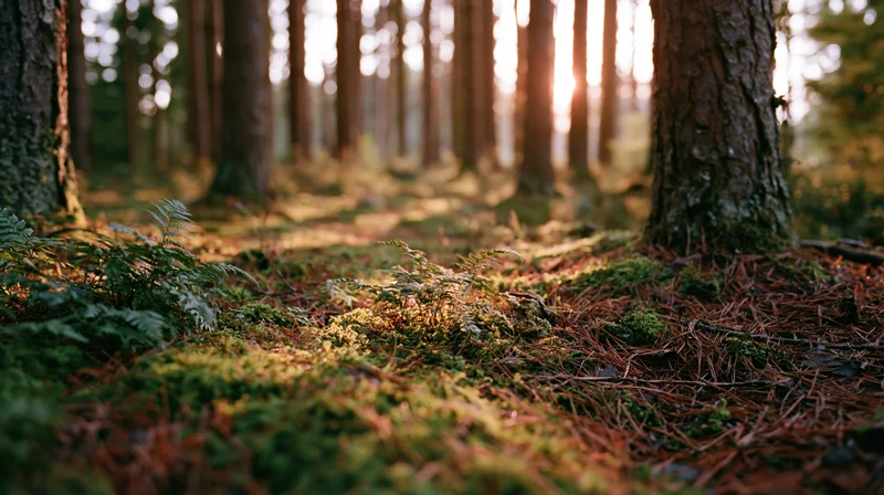 Pine forest floor covered in moss and small ferns with sunlight filtering through trees