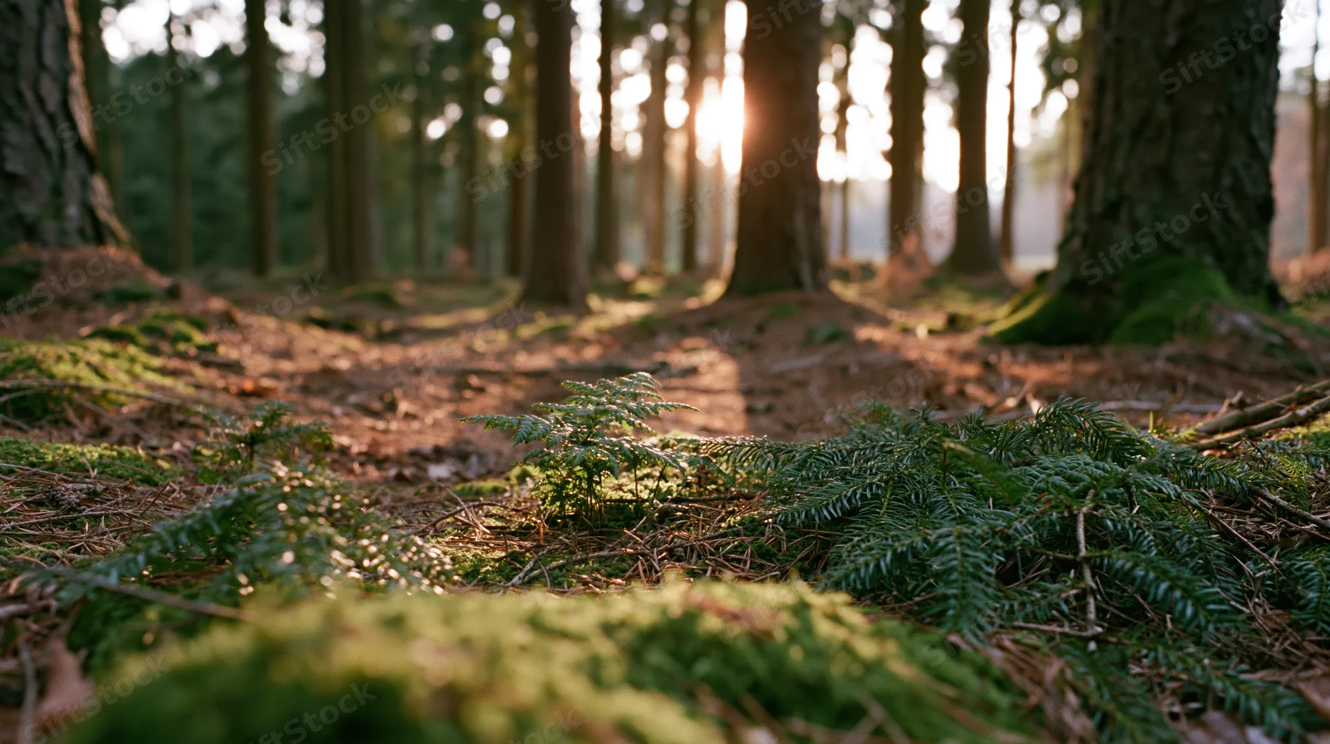 Pine forest floor covered in moss and ferns with sunlight filtering through trees