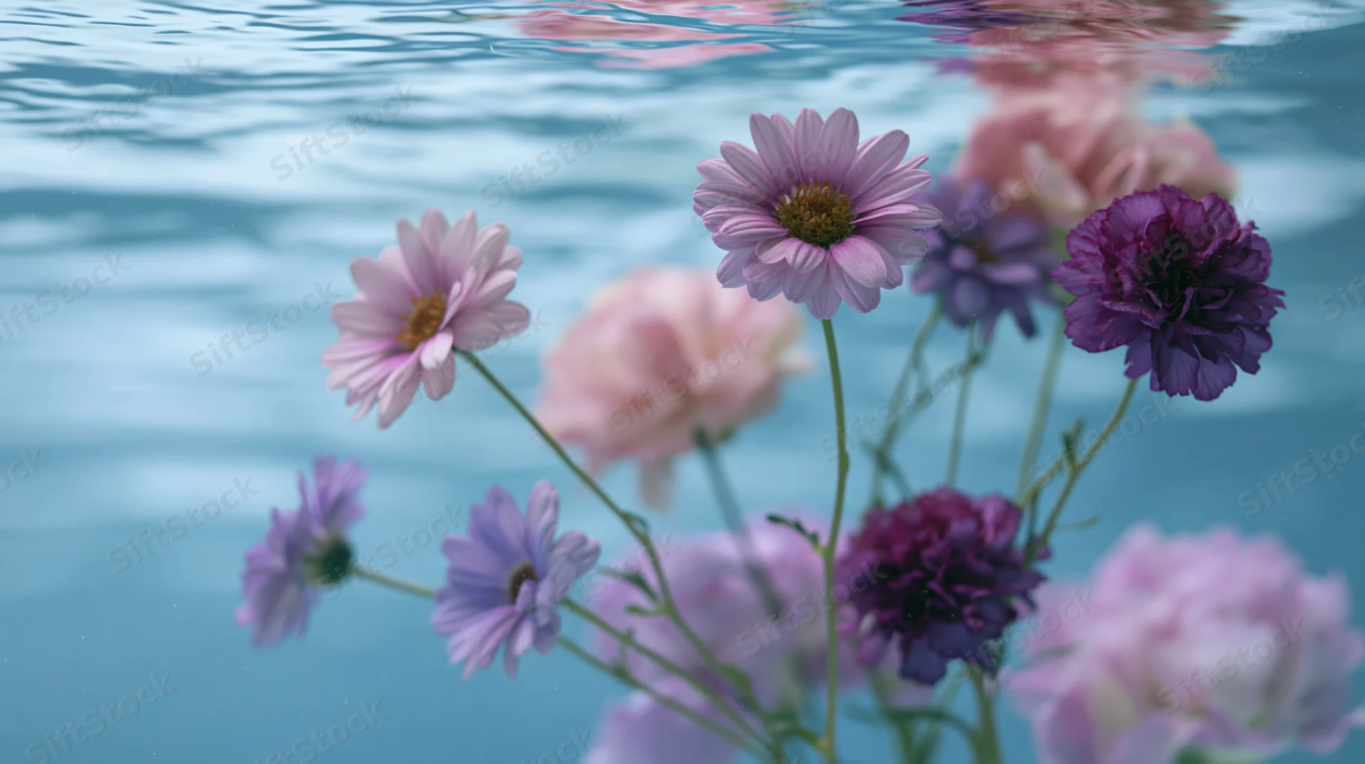 Pink and purple daisies and peony-like blooms floating underwater with ripples on the surface