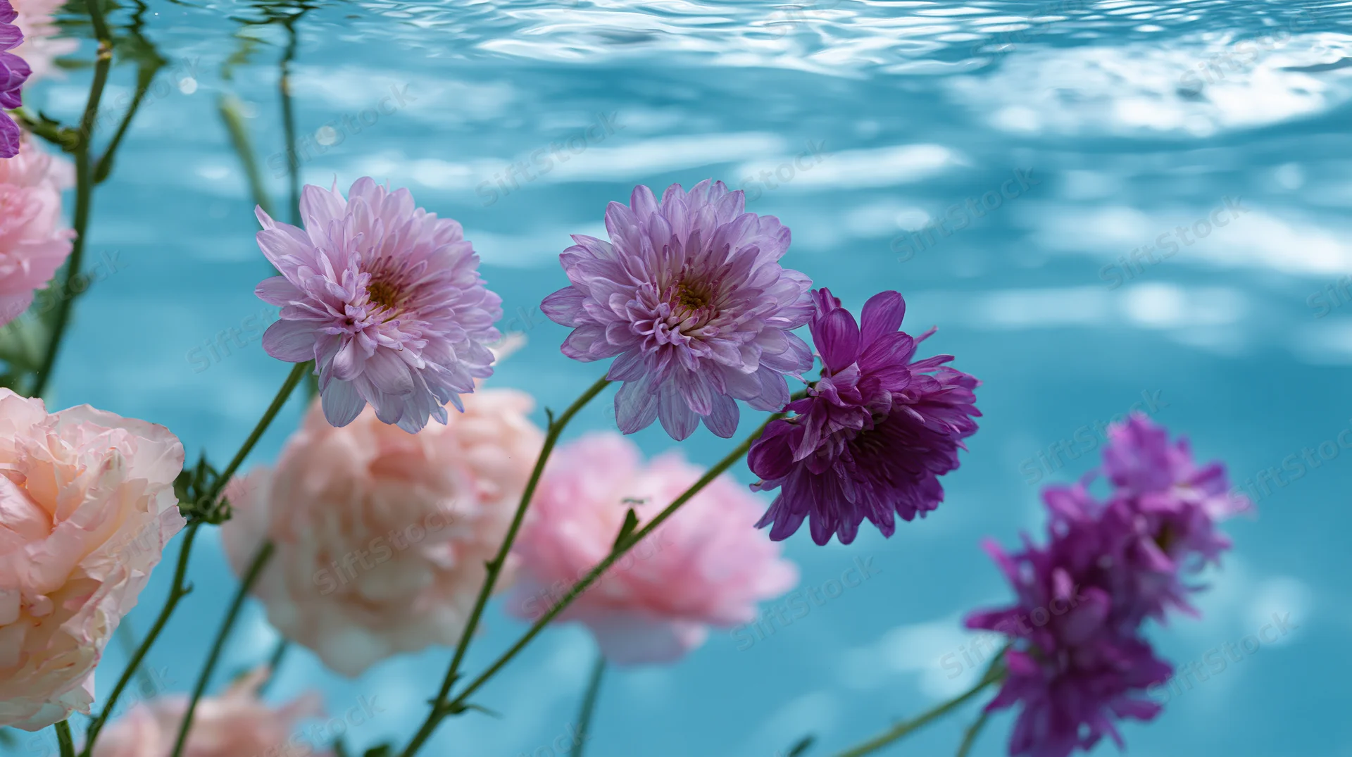 Pink and purple daisies and soft peony-like blooms floating in clear blue water