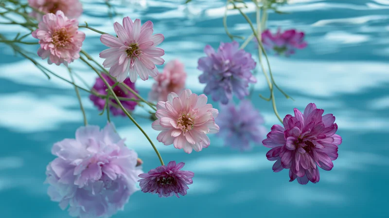 Pink and purple daisies and peony-like blooms floating in clear blue water