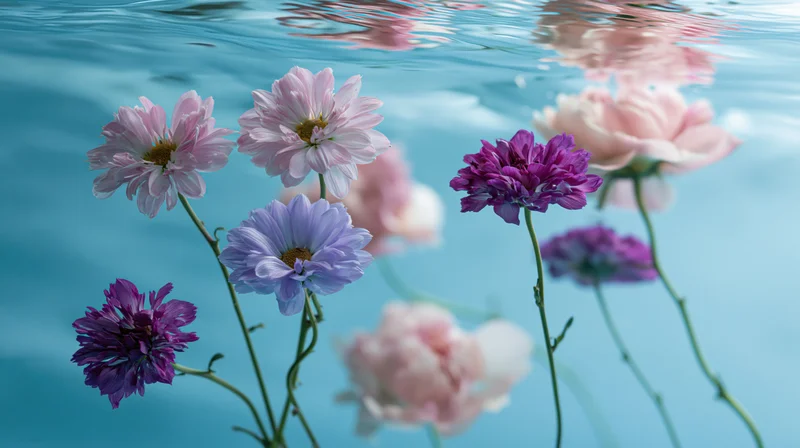 Pink and purple daisies and peony-like blooms floating underwater with ripples on the surface
