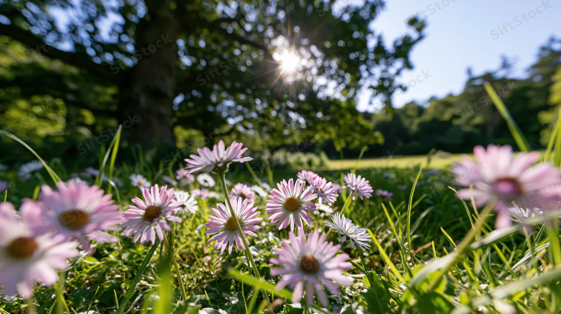 Pink and white daisies blooming in a sunlit grass meadow