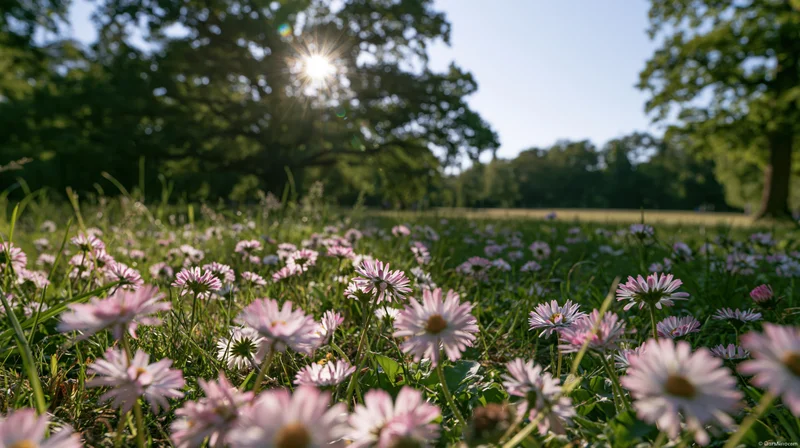 Pink and white daisies blooming across a sunlit grass meadow