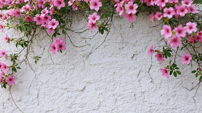 Pink climbing flowers with green leaves cascading along a white textured wall