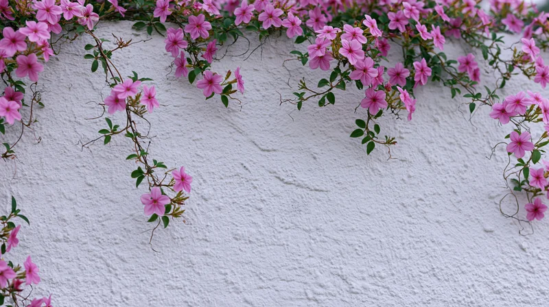 Pink climbing flowers with green leaves cascading along a white textured wall