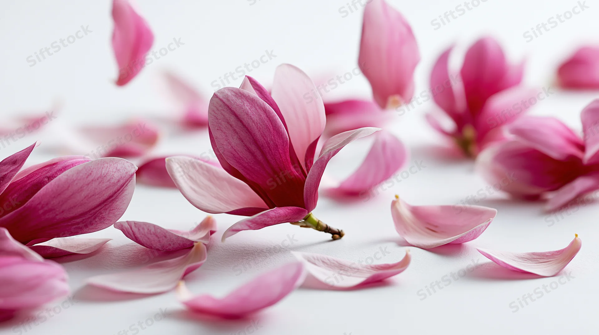 Pink magnolia blooms and petals falling midair on white background
